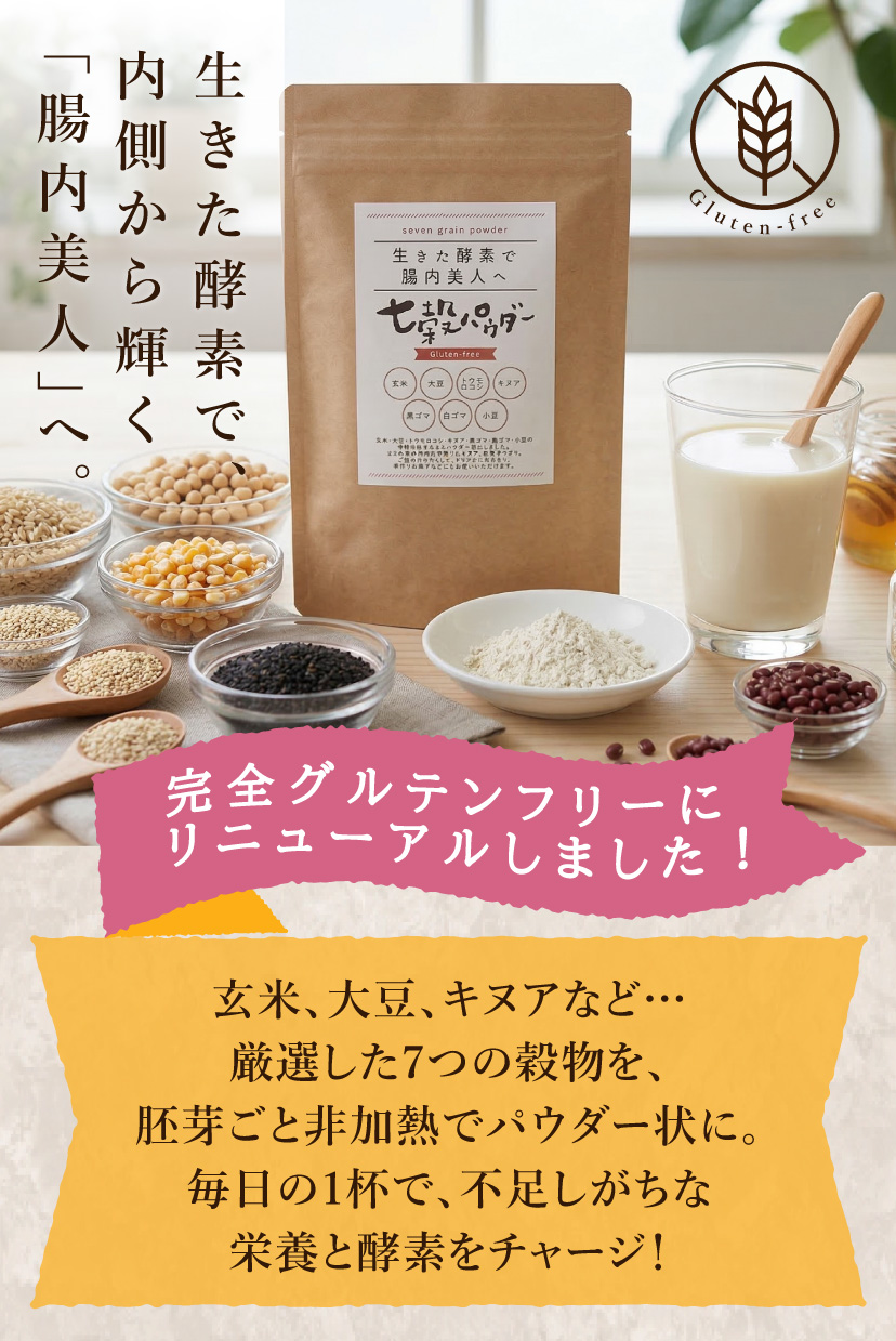 「生きた酵素で腸内美人へ 七穀パウダー」の製品紹介画像。キャッチコピーは「生きた酵素で内側から輝く『腸内美人』へ。」中央には「完全グルテンフリーにリニューアルしました！」と書かれたピンクの帯があります。

下部の黄色い帯には「玄米、大豆、キヌアなど…厳選した7つの穀物を、胚芽ごと非加熱でパウダー状に。毎日の1杯で、不足しがちな栄養と酵素をチャージ！」という説明文が記載されています。