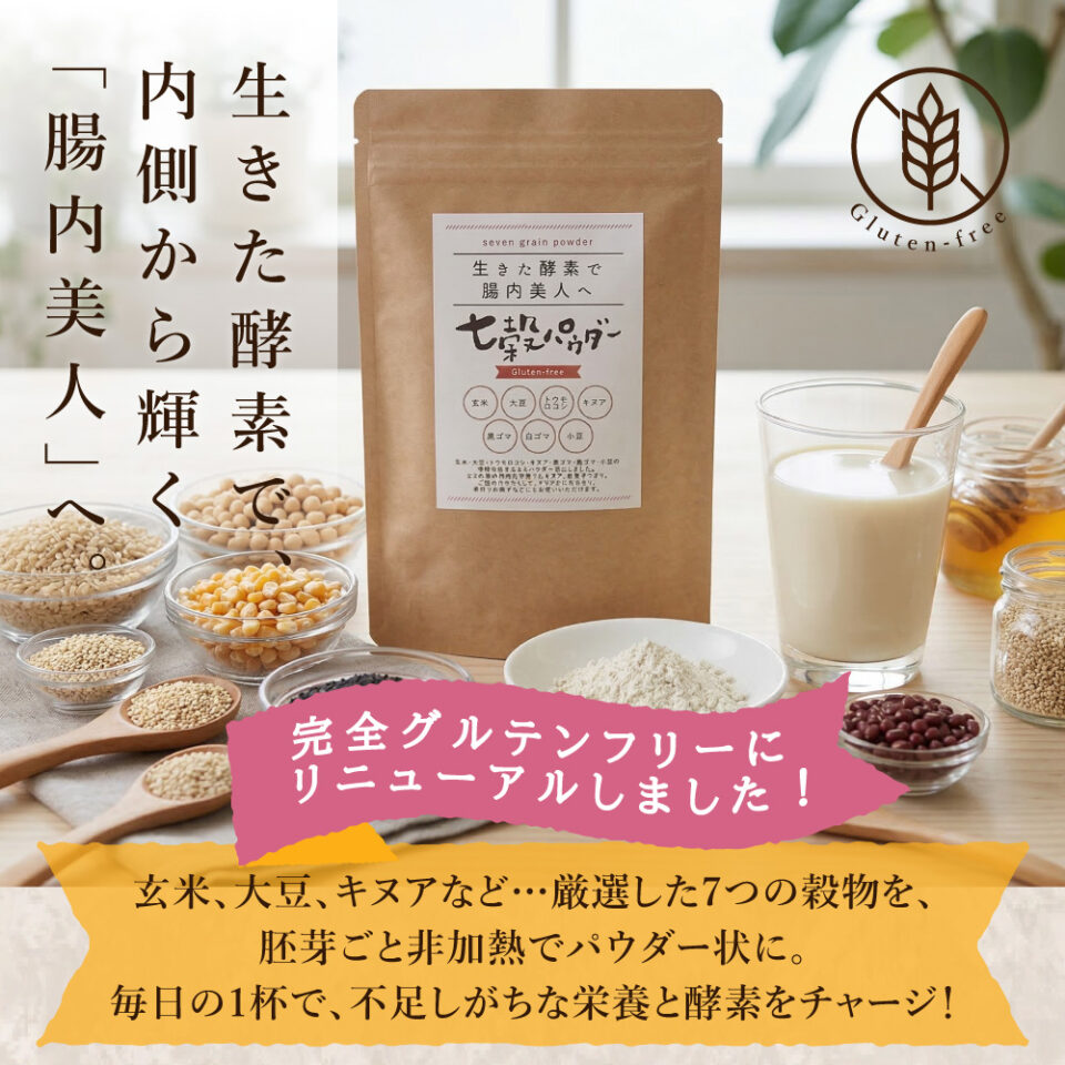 「生きた酵素で腸内美人へ 七穀パウダー」の製品紹介画像。キャッチコピーは「生きた酵素で内側から輝く『腸内美人』へ。」中央には「完全グルテンフリーにリニューアルしました!」と書かれたピンクの帯があります。
下部の黄色い帯には「玄米、大豆、キヌアなど…厳選した7つの穀物を、胚芽ごと非加熱でパウダー状に。毎日の1杯で、不足しがちな栄養と酵素をチャージ!」という説明文が記載されています。
