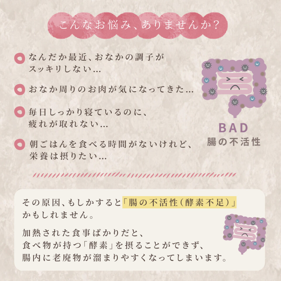 「こんなお悩み、ありませんか？」という問いかけから始まる画像。悩みとして「おなかの調子がスッキリしない」「おなか周りのお肉が気になってきた」「しっかり寝ても疲れが取れない」「朝ごはんを食べる時間がないけれど栄養は摂りたい」という4つの項目が挙げられています。

中段には「BAD 腸の不活性」と書かれた、不健康な状態の腸のイラストがあります。下部の説明文では、その原因が「腸の不活性（酵素不足）」かもしれないと指摘。加熱された食事ばかりだと「酵素」を摂ることができず、腸内に老廃物が溜まりやすくなると説明しています。